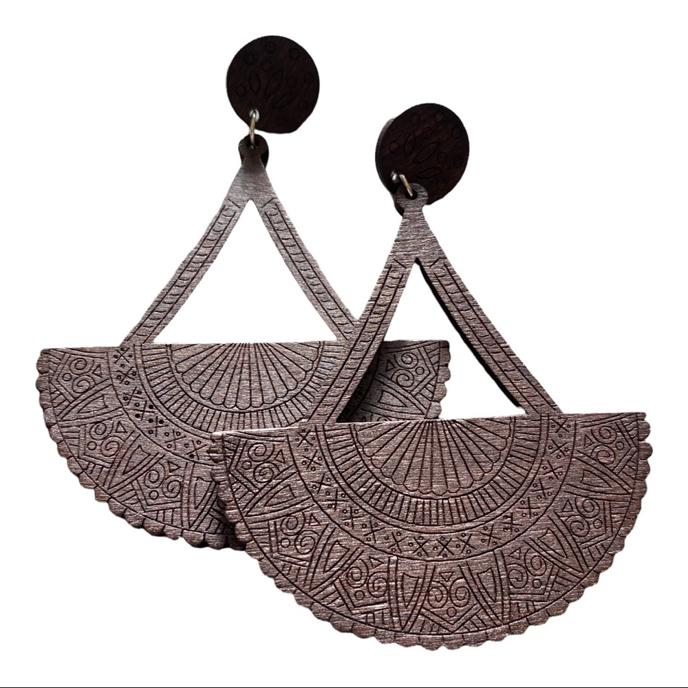 Dark Brown Etched Wooden Earrings - Picture 2 of 2